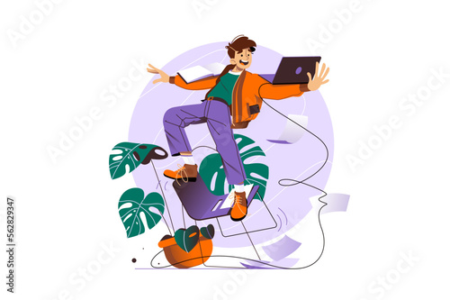Man balancing on chair with laptop
