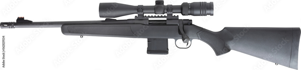 Black bolt action rifle with riflescope mounted