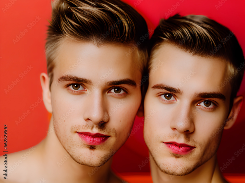 Men coulpe on red background. Valentines day. Homosexual. LGBT. Generative AI