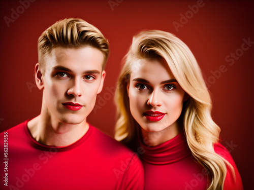 Couple in red. Blond man and woman on background. Generative AI.
