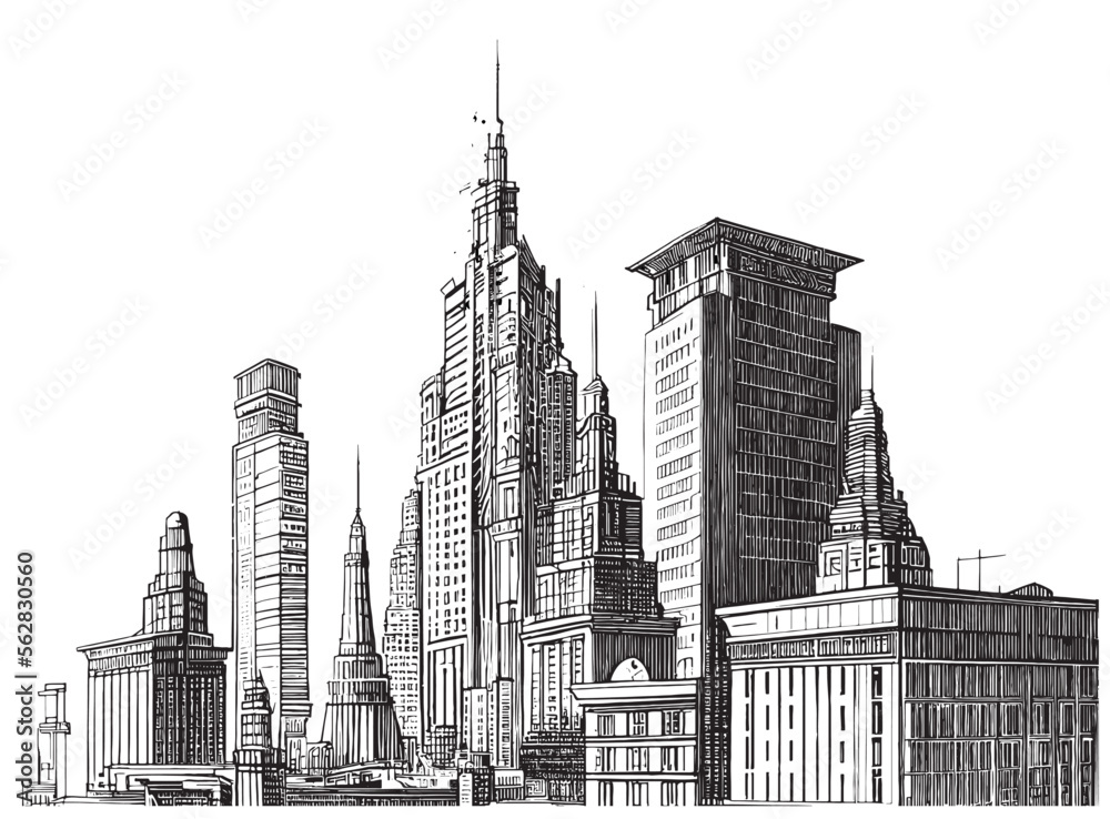 Big city silhouette hand drawn engraving style sketch Vector illustration.