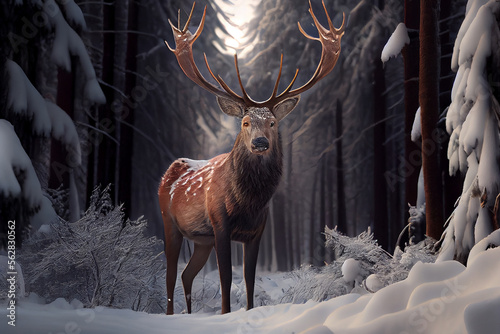 deer in snow winter forest. Illustration Generative AI © olegganko