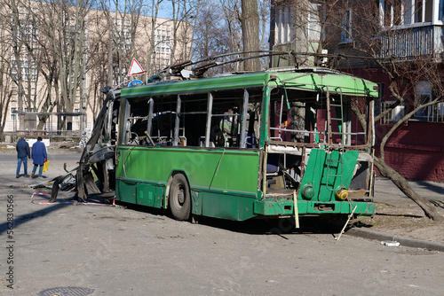 Russian missile destroyed green trolleybus and houses in Kyiv, Ukraine