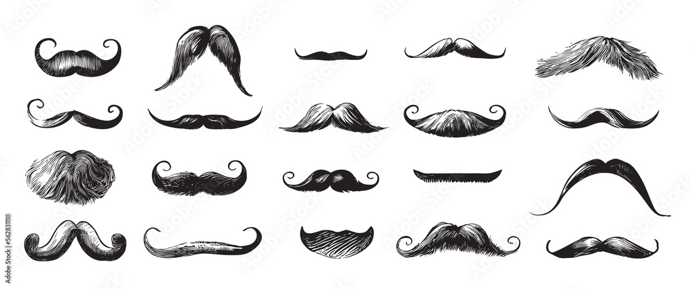Mustache set retro hand drawn sketch engraving style Vector illustration.
