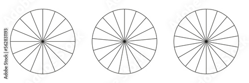 Pie chart, diagram set. Simple business chart. Sixteen, seventeen and eighteen sections or steps. Circle icons for infographic, presentation, web design, user interface.