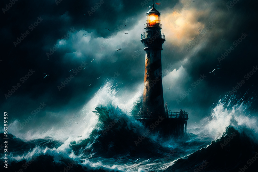 A beacon of hope amidst the stormy seas - weathered lighthouse painting