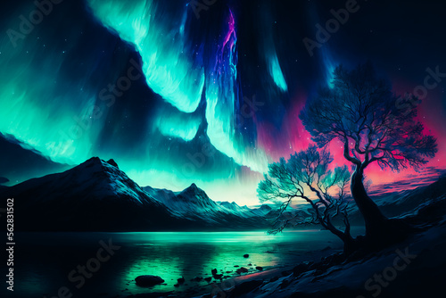 The vibrant green, purple and blue auroras dance in the background