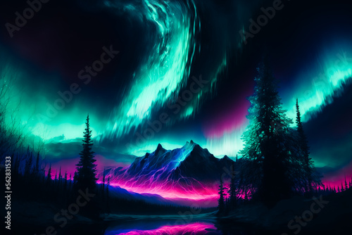 A mesmerizing landscape of green, purple and blue auroras illuminating the night sky