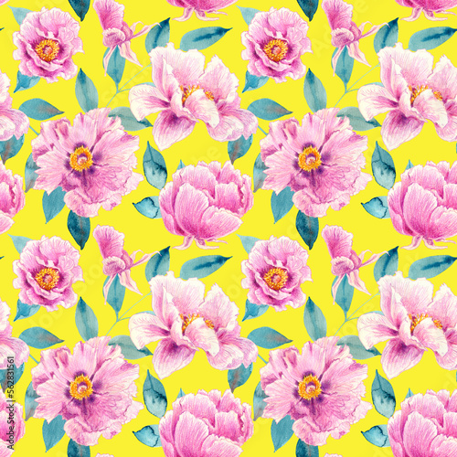 Seamless pattern of pink peonies flowers and blue green leaves. Hand drawn illustration. Hand painted floral elements. Botanical natural objects on yellow background.