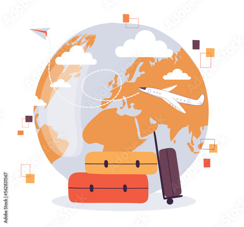 Travel suitcase concept. Luggage on background of globe, trip and tourism, active lifestyle. Vacation and recreation, flights on airplanes. Poster or banner for site. Cartoon flat vector illustration