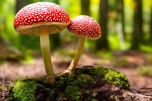 Close-up picture of a Amanita poisonous mushroom in nature. AI Generated photo