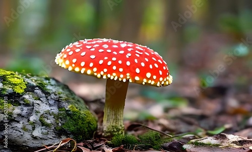 Close-up picture of a Amanita poisonous mushroom in nature. AI Generated