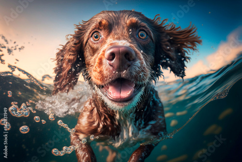 Happy dog swims underwater. Dog at sea. Vacation with a dog. Generative AI