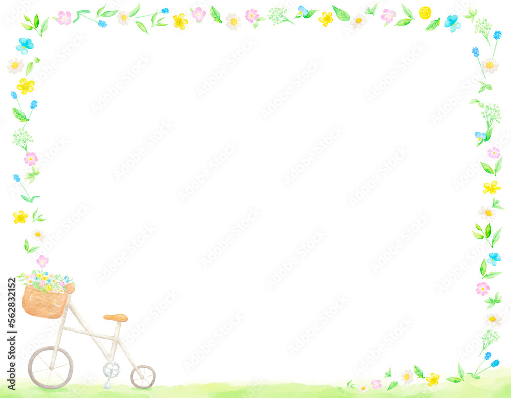 Fototapeta premium 自転車のかごから色とりどりの花があふれだすフレーム。水彩絵の具で描いたイラスト。