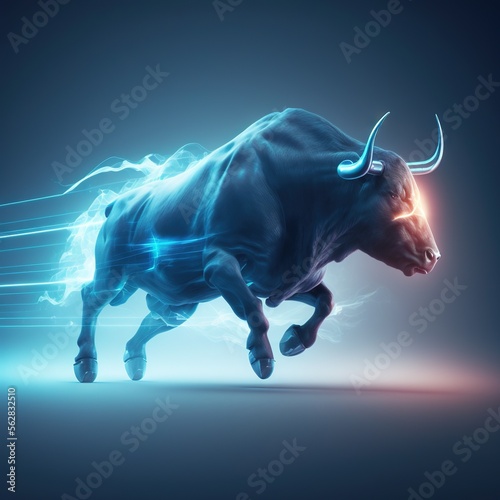 Cryptocurrency investing and stock market growth concept with digital. The 3d bull in digital universe trading concept. Hyperrealistic with light glow effect.  © Fotostockerspb