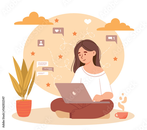 Woman sitting at laptop. Young girl communicates with friends in social networks and messengers, business correspondence. Freelancer and remote employee, internet. Cartoon flat vector illustration