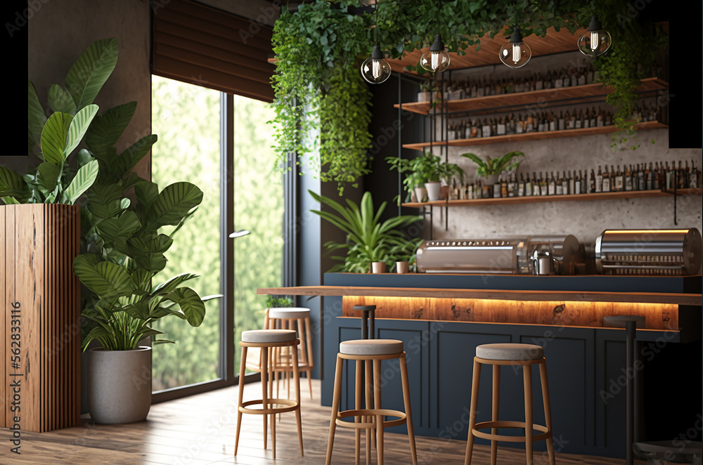 Modern interior of small coffee shop, coctail bar with green plants. AI generative illustration