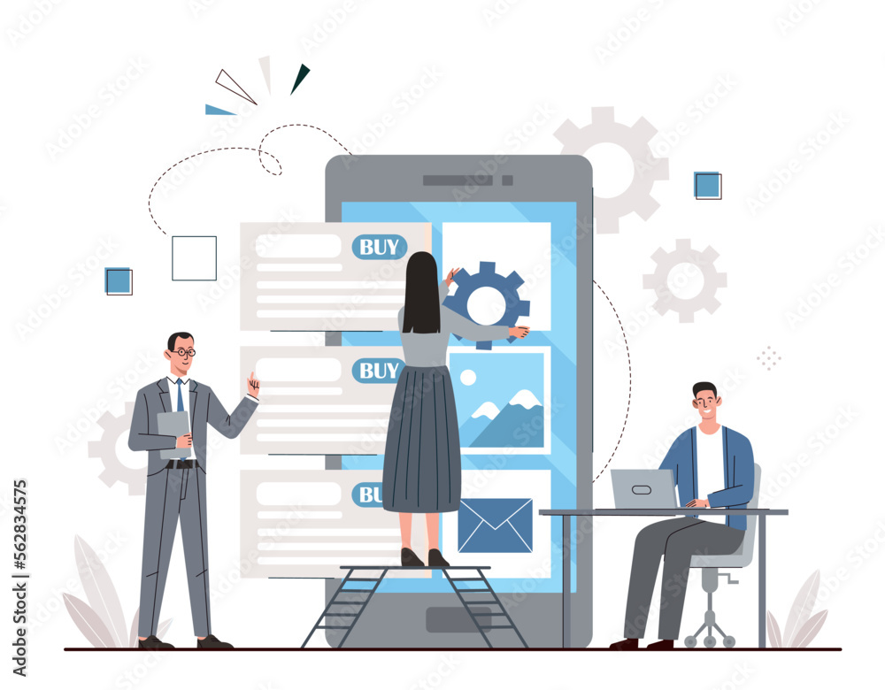 Fototapeta premium People working together. Men and women developing interface for programs and applications on smartphone. Gadgets and devices. Teamwork and partnership concept. Cartoon flat vector illustration
