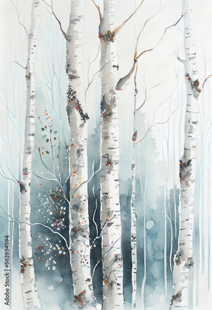 Fototapeta premium Watercolor painting of birch trees trunks in winter forest. Generative AI