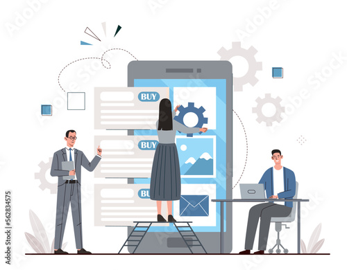 People working together. Men and women developing interface for programs and applications on smartphone. Gadgets and devices. Teamwork and partnership concept. Cartoon flat vector illustration
