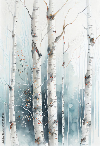 Watercolor painting of birch trees trunks in winter forest. Generative AI