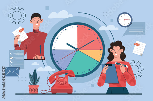 Time management concept. Organization of effective working and educational process and scheduling. Man and woman standing near clock with multicolored segments. Cartoon flat vector illustration
