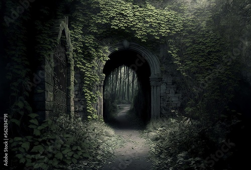 illustration passageway in gloomy forest, fantasy, image generated by AI