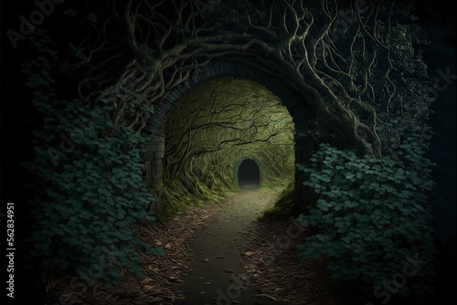 illustration passageway in gloomy forest, fantasy, image generated by AI © Jorge Ferreiro