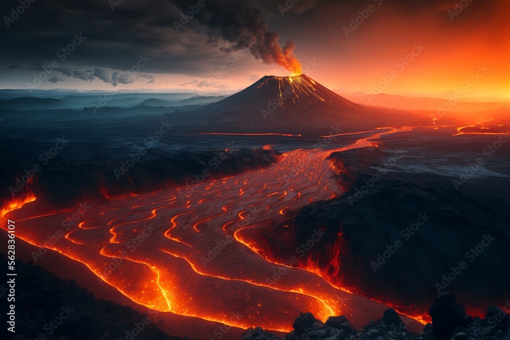 Rivière de lave, Volcan en éruption avec lave, fumée et éclairs, pose longue, vu de nuit - illustration IA