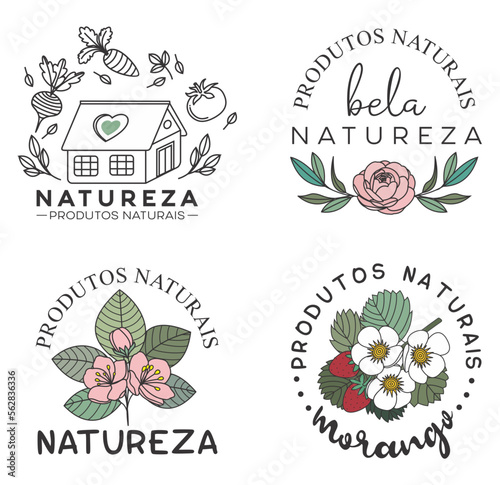 Set logo, set logomarca, set de logos, produtos naturais, natureza, desenho de flores, desenho de produtos naturais, fazenda, vetor logo produtos naturais, vetor etiqueta produtos naturais, selo