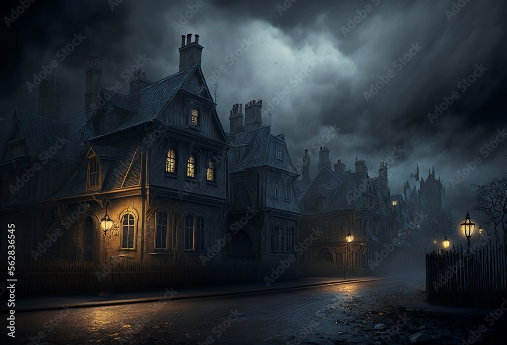 illustration scary dark street with houses,AI generated image