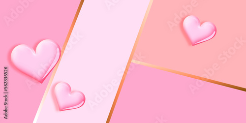 Pink Valentine's Day background with 3d hearts on red. Vector illustration. Cute love banner or greeting card. Place for text. Vector illustration
