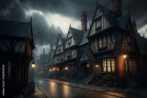 illustration scary dark street with houses,AI generated image