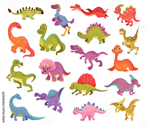 Funny Dinosaurs as Ancient Reptiles Isolated on White Background Big Vector Set