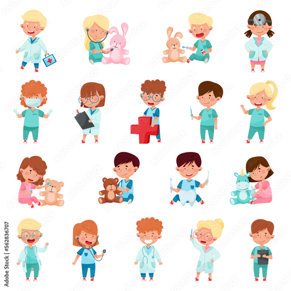 Kids in Medical Uniform Playing Doctors and Nurses with Toys Big Vector Set Kids in Medical Uniform Playing Doctors and Nurses with Toys Big Vector Set