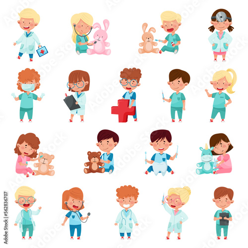 Kids in Medical Uniform Playing Doctors and Nurses with Toys Big Vector Set