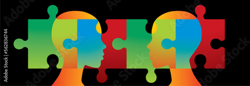 Panoramic colorful banner with human head profiles with puzzle, jigsaw pieces. Isolated on black. Vector illustration.