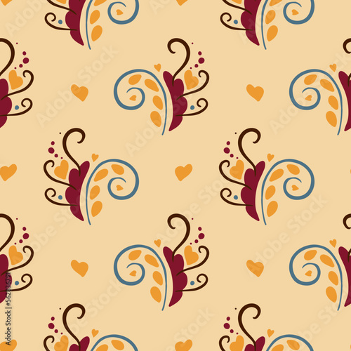 Retro pattern of leaves and curls on a beige background. Seamless vector image for wallpaper, fabrics.