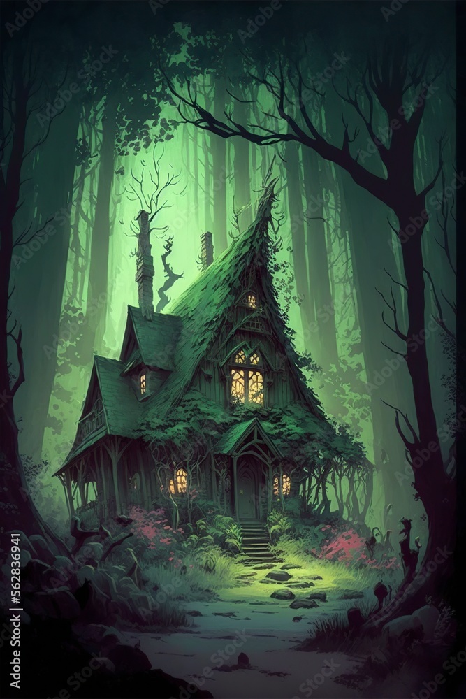 illustration. mystical house in the forest, fantasy, image generated by AI