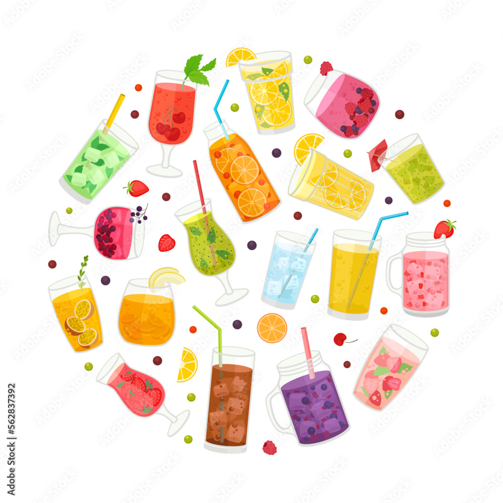 Fresh Fruit Drinks Round Composition with Cool Juicy Beverage in Glass with Straw Vector Template Fresh Fruit Drinks Round Composition with Cool Juicy Beverage in Glass with Straw Vector Template