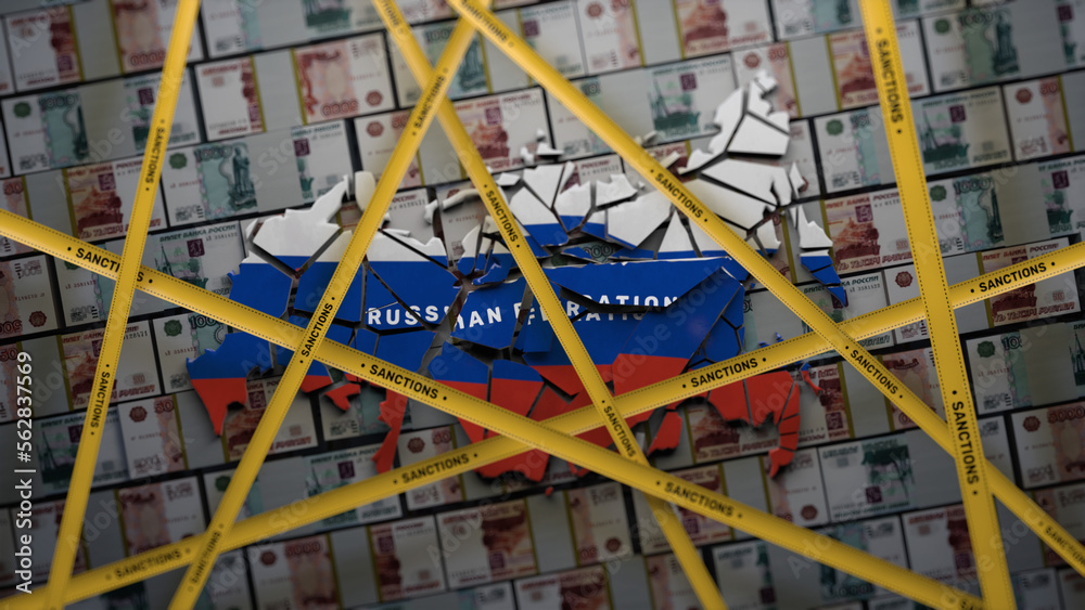 3D render concept of finance world sanctions against the Russian oligarchs gas and oil embargo. Visualization of the map of collapsed Russia. Yellow tape with inscription. Money on background.