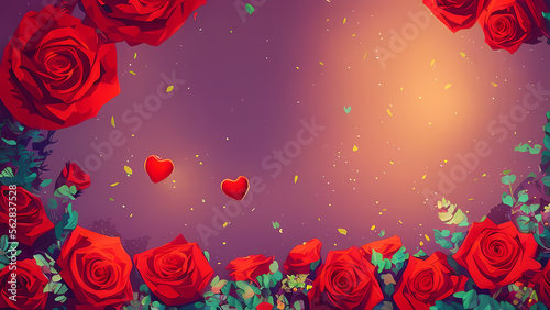 Valentine s decorations  roses and hearts floating over purple and yellow gradient  created with Generative AI Technology