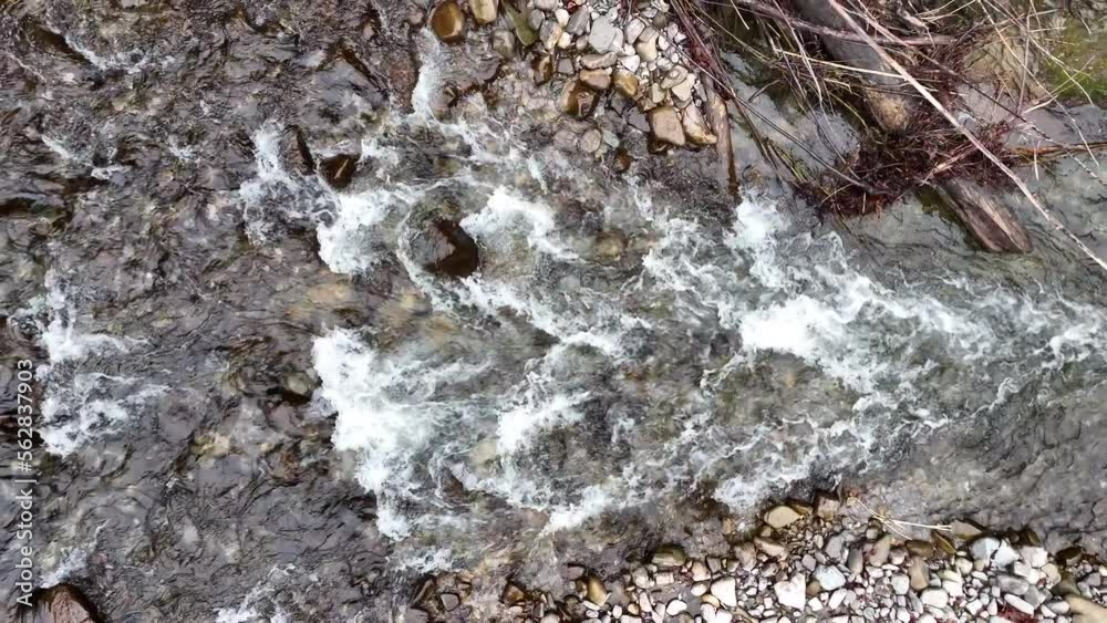 Smooth drone flight over wild river in Switzerland. Aerial view of natural stream in forest. Smooth drone flight over wild river in Switzerland. Aerial view of natural stream in forest.
