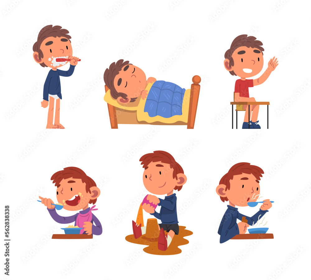 Little Boy Engaged in Daily Routine Activity Vector Set Little Boy Engaged in Daily Routine Activity Vector Set
