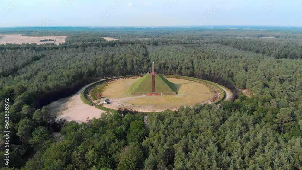 Aerial descending drone shot of the pyramide of Austerlitz, The Netherlands