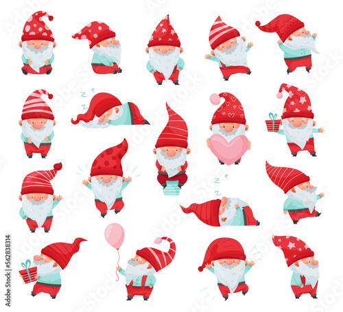 Fantastic Gnome Character with White Beard and Red Pointed Hat Big Vector Illustration Set