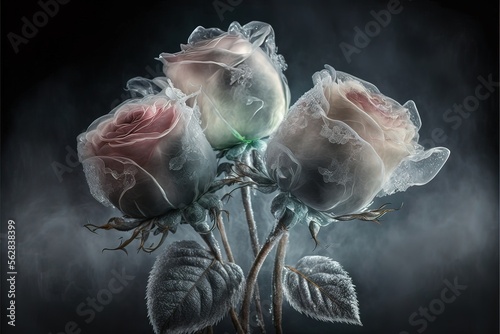 Frozen roses. Fantasy roses in ice and smoke. AI