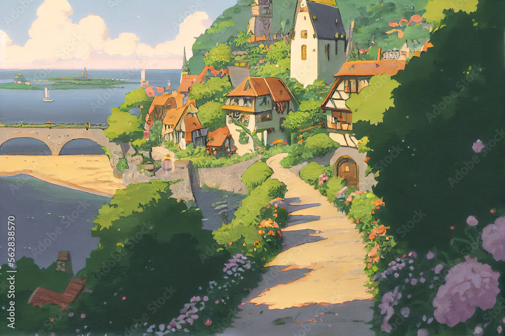 A Cute Village At The Ocean. Generative AI Illustration In The Style Of Anime Paintings