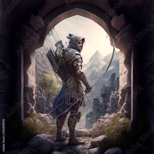 ranger archer fantasy landscape with warrior art generatif AI photo