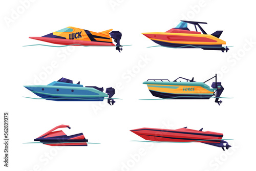 Motorboat or Speedboat as Watercraft or Swimming Water Vessel Vector Set
